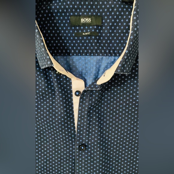 BOSS By Hugo Boss Navy Blue & Pink Geometric L/S men’s shirt size 16, 41 - Picture 3 of 4